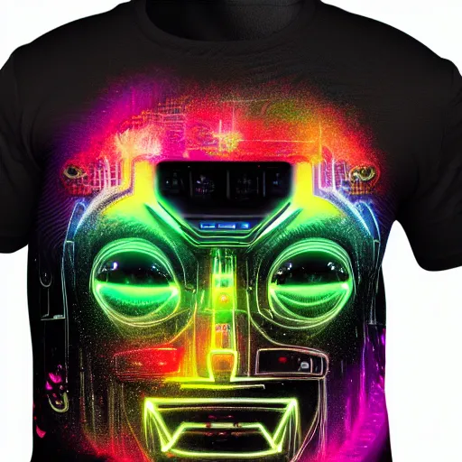 Prompt: black tshirt with a hyperdetailed portrait of a meditating diesel punk robot, 8 k, symetrical, flourescent colors, halluzinogenic, multicolored,