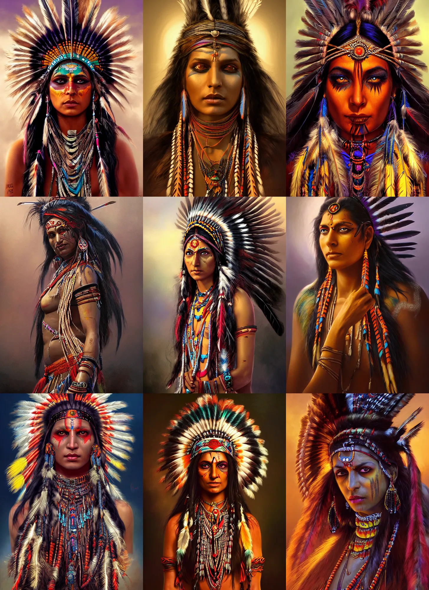 Prompt: native indian goddess, vivid colors, dark shadows, contrast, concept art, sharp focus, digital art, Hyper-realistic, 4K, Unreal Engine, Highly Detailed, Dramatic Lighting, Beautiful, by Brom, bastien lecouffe-deharme