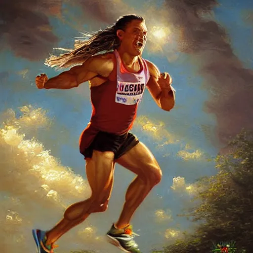 Image similar to portrait of a olympic games champion running, an oil painting by ross tran and thomas kincade