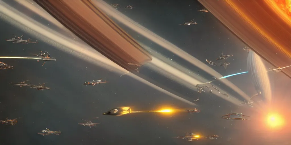 Prompt: Fleet of UN ships engaging alien fleet over Saturn, sci-fi, space, game art, octane render, spaceships, missiles, smoke trail, gunfire, lasers,