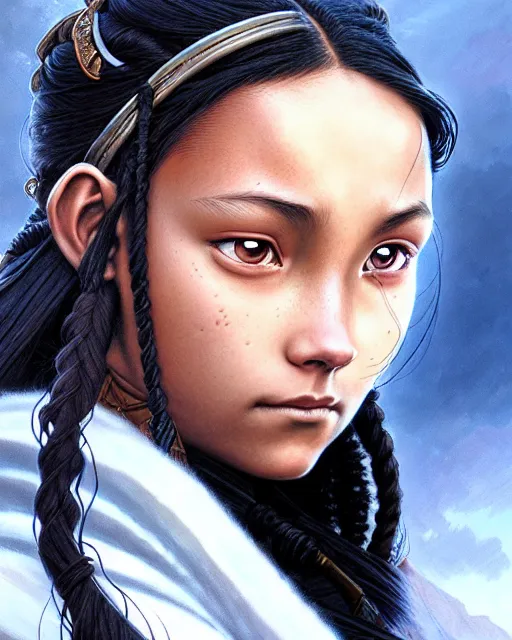 Image similar to katara from avatar the last airbender, character portrait, portrait, close up, concept art, intricate details, highly detailed by greg rutkowski, michael whelan and gustave dore