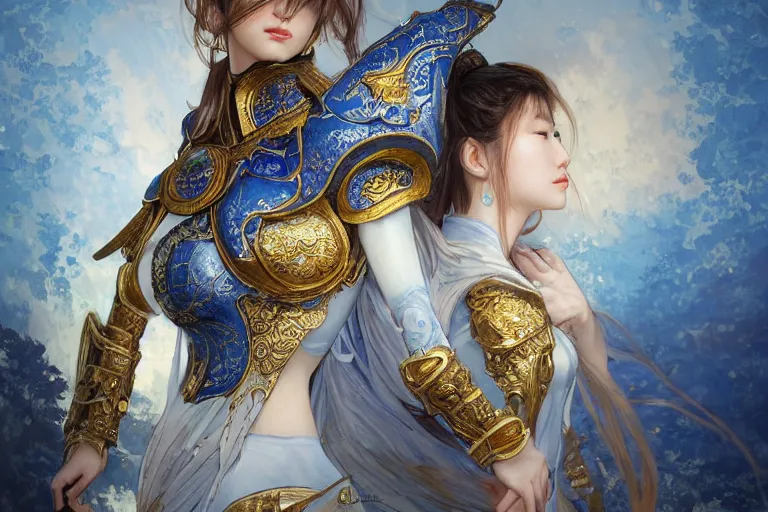 Image similar to portrait knights of Zodiac girl, Chinese Blue and white porcelain reflected armor, kung fu fighting in ruined Agora of Athens sunrise, ssci-fi, fantasy, intricate, very very beautiful, elegant, golden light, highly detailed, digital painting, artstation, concept art, smooth, sharp focus, illustration, art by tian zi and WLOP and alphonse mucha