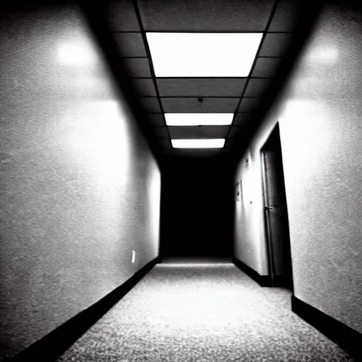 Prompt: a dark figure at the end of a creepy empty office hallway. found footage craiglist photo. in color