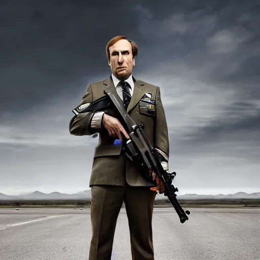 Image similar to Saul Goodman wearing heavy modern military gear and holding a machine gun, highly detailed, 4k