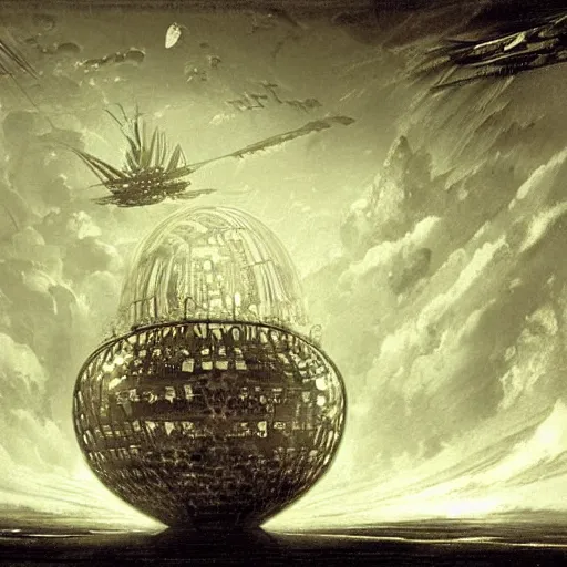 Image similar to enormous flying city in a faberge egg, sky, steampunk, fantasy art, masterpiece, hugh ferriss, digital, peder balke