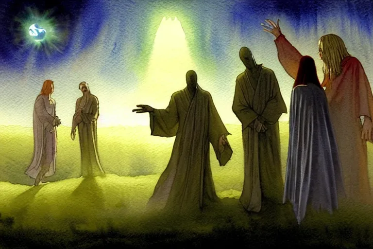 Prompt: a realistic and atmospheric watercolour fantasy character concept art portrait of a group of christians wearing robes greeting an alien that is standing below a ufo. they are emerging from the mist on the moors of ireland at night. a ufo is in the background. by rebecca guay, michael kaluta, charles vess and jean moebius giraud