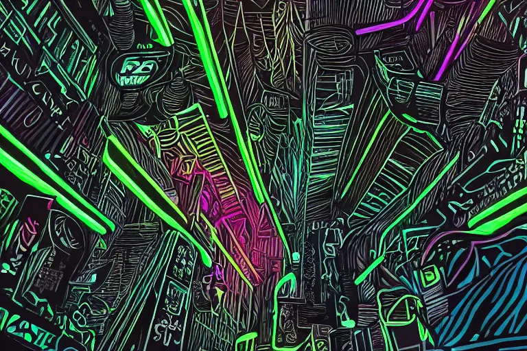 Prompt: neon jungle on black canvas, detailed illustration, artstation