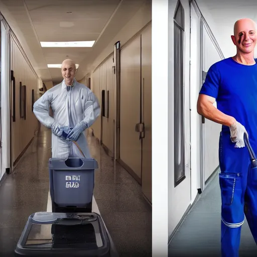 Prompt: 8k hyper realistic HDR photo of janitor with Jeff Bezos face
