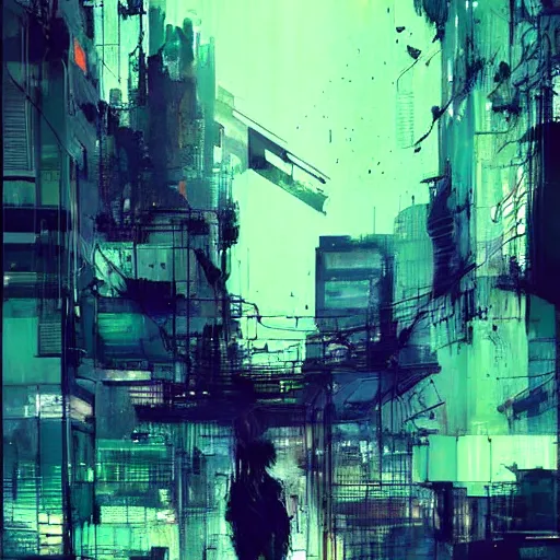 Image similar to a cyberpunk, wires, machines, in a dark future city by jeremy mann, francis bacon and agnes cecile, ink drips, paint smears, digital glitches glitchart c - 1 0