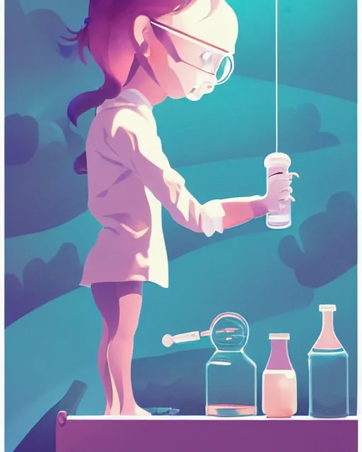 Image similar to a little girl is doing a science experiment. clean cel shaded vector art. minimalist illustration art by lois van baarle, artgerm, helen huang, petros afshar, sachin teng by makoto shinkai and ilya kuvshinov, rossdraws