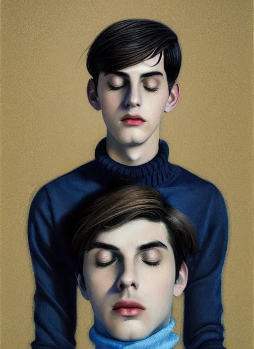 Image similar to portrait of teenage jughead jones wearing a light grey crown, crown, blue turtleneck, 1 9 5 0 s, closed eyes, photorealistic, black hair, glowing lighting, intricate, elegant, glowing lights, highly detailed, digital painting, artstation, concept art, smooth, sharp focus, illustration, art by wlop, mars ravelo and greg rutkowski