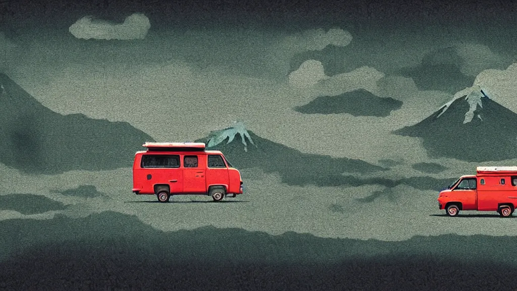 Image similar to japan various natural splendor and rural wonders, camper touring, a collage painting, in the style of wes anderson, lola dupre, david hockney, isolated on negative space background dark monochrome neon spraypaint accents volumetric octane render