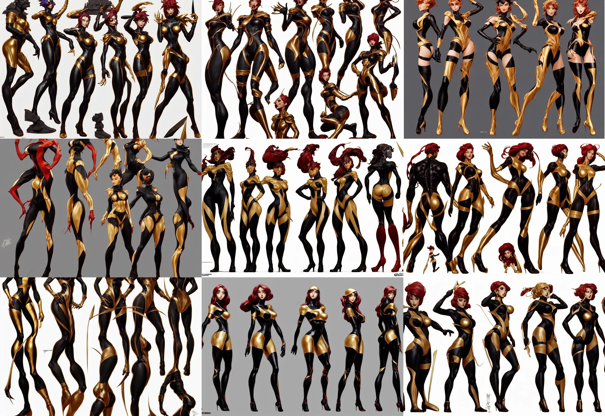 Image similar to three views cartoon character design by artgerm, cushart krenz, zeronis, donato giancola and greg rutkowski. future head set!! black tape project show attctive showgirl!! full body!! sharp edge. ultra clear detailed. contour light effect!! 8 k. red, golden and black. stage light. octane render.