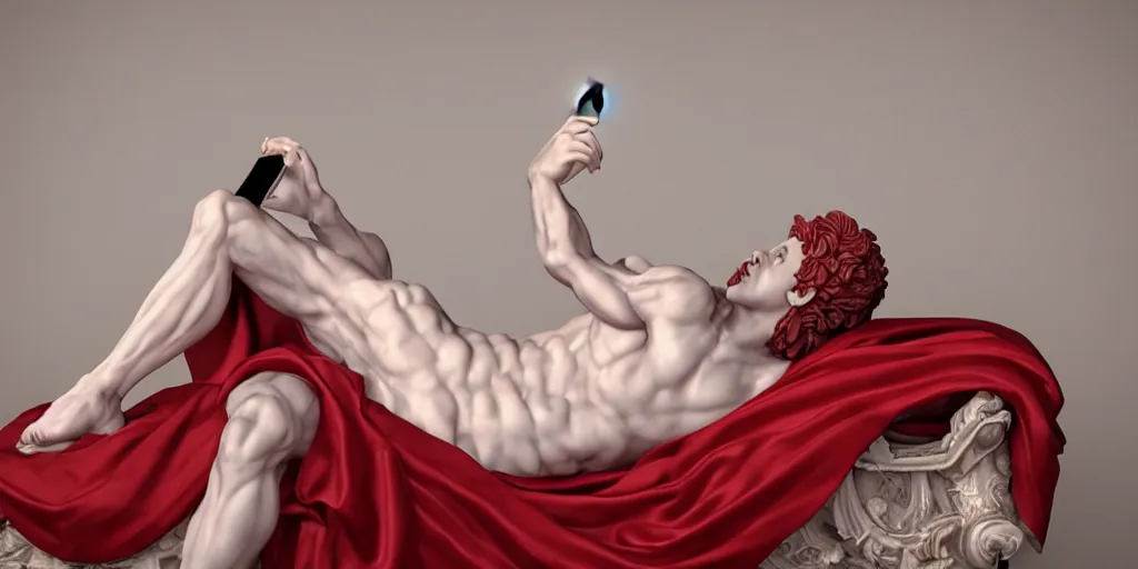 Image similar to baroque delicate full-body marble sculpture of reclining handsome horned teenage demon-boy laying back on a bed while checking notifications on a phone, red silk flowing fabric, marble white columns, Trending on artstation, octane render, cinematic, hyper realism, octane render, 8k, depth of field