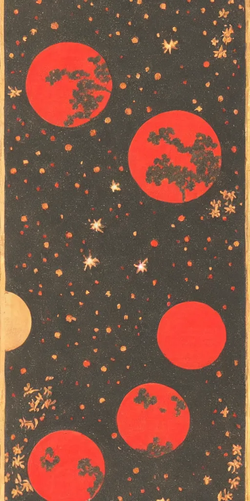 Prompt: oriental painting of the stars, the full red moon is far above, detailed, refined, high quality, parchment, blackened space, lots of stars