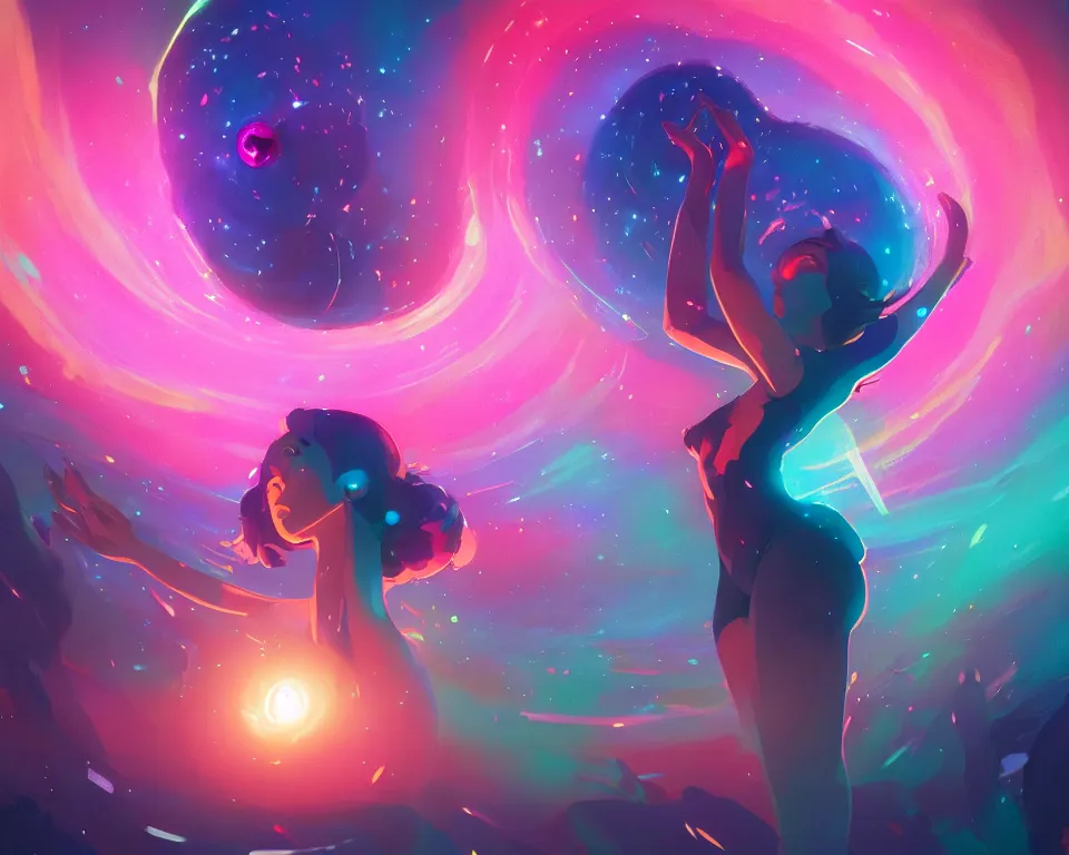 Image similar to beautiful whimsical women standing under a multi-colored binary blackhole with an accretion disc, casting magic, glowing trails following her arms, wearing professional makeup, by Lois van Baarle, by Greg Rutkowski, by artgerm, by beeple, by studio ghibli, cinematic angle, volumetric lighting, 4k resolution, octane render, trending on artstation, masterpiece