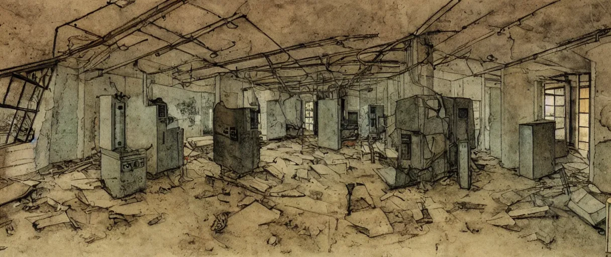 Prompt: abandoned laboroatory from cold war era, room full of cold war era computers, nuclear shelter, top secret industrial facillity, faded out colors, highly detailed muted colors, illustration by albrecht durer, fine art sketch