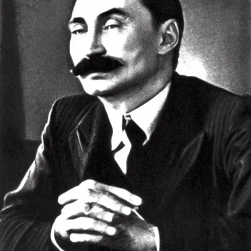 Image similar to vladimir putin starring as josef stalin living in bolshevik nightmare, circa 1 9 4 2.