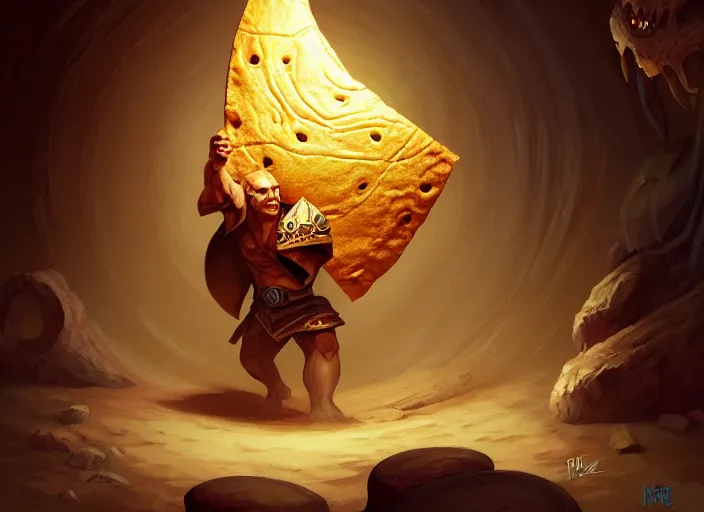 Prompt: a giant flour tortilla wrap that has curious eyes, by marco bucci and frank frazetta, style of magic the gathering, high resolution, fantasy coloring, intricate, digital painting, artstation, smooth, sharp focus