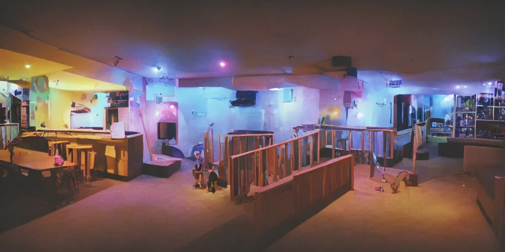 Image similar to a weird modern confined place, house, playground, office, pool, bar, pub, room, hall way with eerie feeling, disposable colored film camera, camera flash, unusual place, unsettling, kids place, night scene