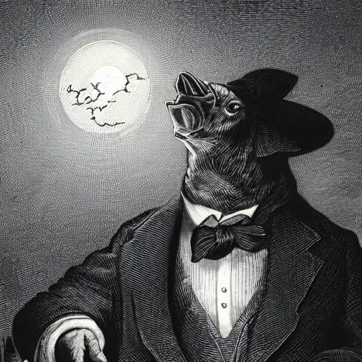 Prompt: closeup portrait of a angry pig in a tuxedo, dramatic lighting, farm background, moon, chiaroscuro, high detail, illustration by gustave dore