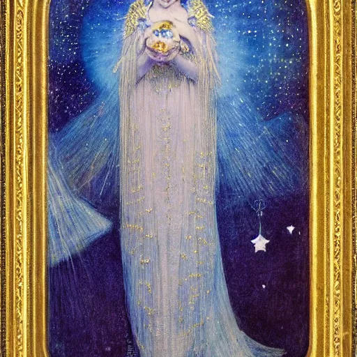 Image similar to the queen of the moon and the stars in full regalia, by Annie Swynnerton and jean delville and Edmund Dulac and Tino Rodriguez, elaborately costumed, rich color, dramatic cinematic lighting, extremely detailed