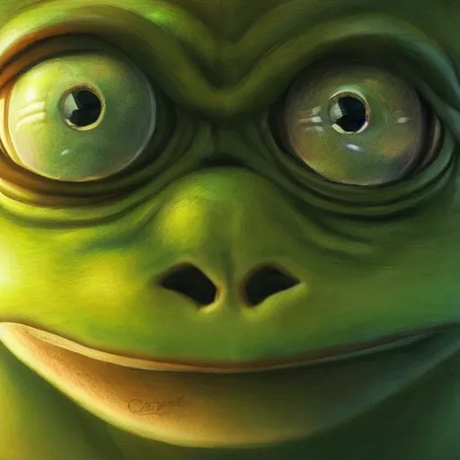 Image similar to Portrait of Little Pepe the frog playing with a big human face banana, intricate, wild, highly detailed, digital painting, artstation, concept art, smooth, sharp focus, illustration, art by artgerm and greg rutkowski and alphonse mucha