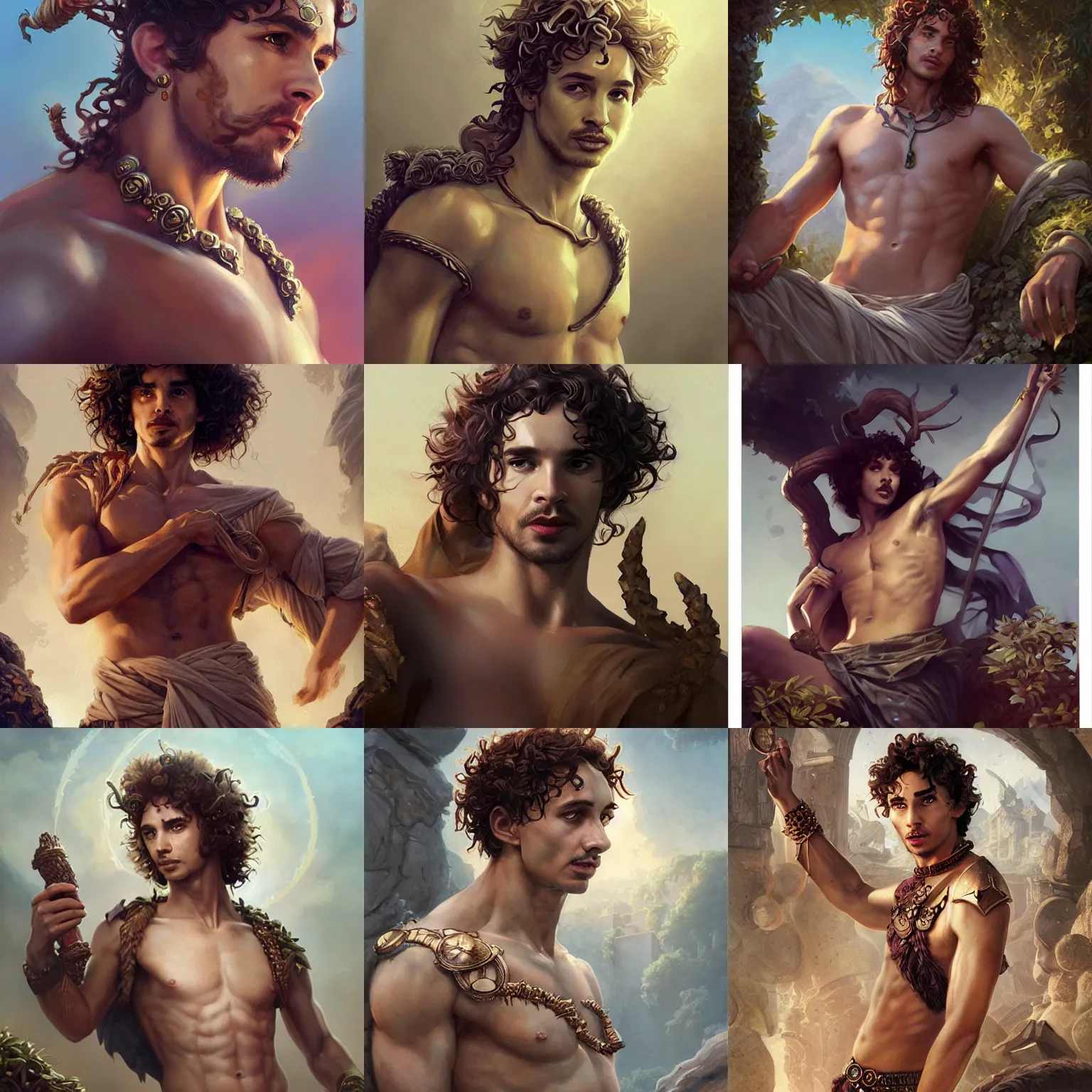 Prompt: dionysus, greek god, robert sheehan, tunic, lounging, sly expression, art by artgerm and greg rutkowski and magali villeneuve, d & d, fantasy, portrait, highly detailed, digital painting, trending on artstation, concept art, sharp focus, illustration