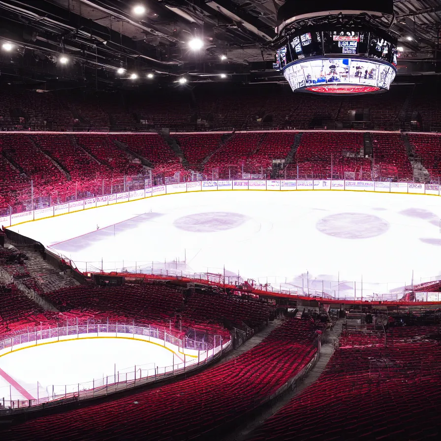 Prompt: dimly lit hockey stadium ice level 4 k photography