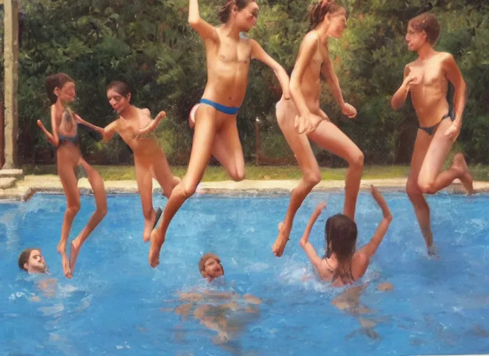 Image similar to a group of teens in the moment of jumping into a pool, oil painting by ralph maquarrie and james gurney, soft edges, subtle colours