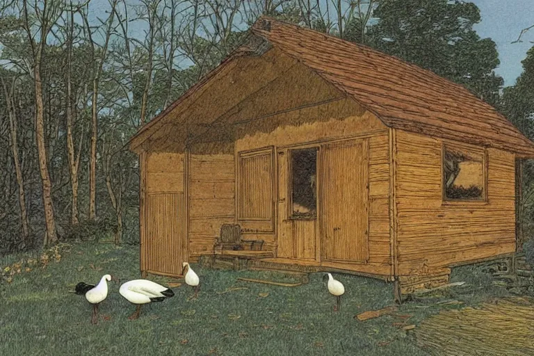 Prompt: country road cabin goose by moebius