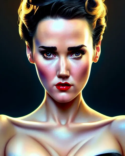 Image similar to a pin up and beautiful fashion charming dreamlke jennifer connelly, symmetrical face symmetrical eyes, character art, art by artgerm lau and wlop and and ilya kuvshinov and john singer sargent, hyperdetailed, 8 k realistic, symmetrical, frostbite 3 engine, cryengine, dof, trending on artstation, digital art