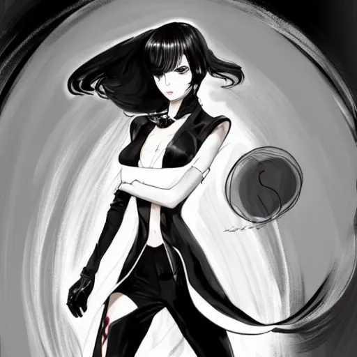 Image similar to slim beautiful killer girl in tuxedo with black wavy bob hair, elegant, 2d, ultra highly detailed, digital painting, smooth, sharp focus, artstation, black and white art by Tsutomu Nihei