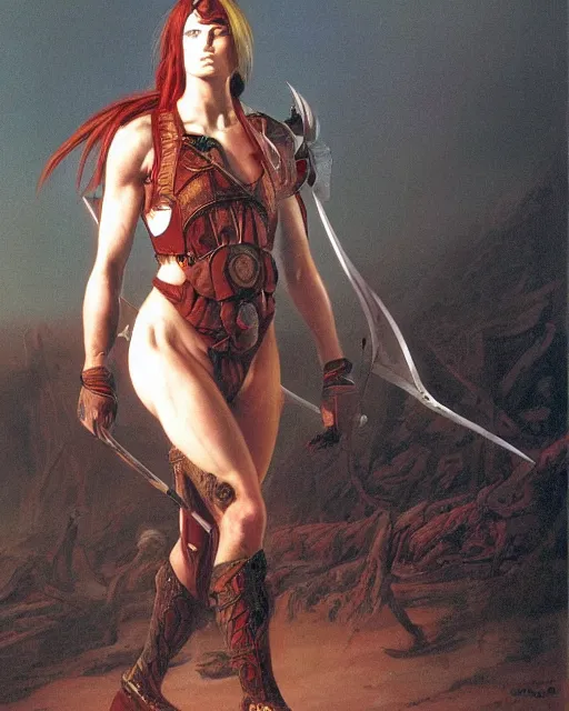 Image similar to a portrait of a fit female warrior by boris valejo and Thomas Cole and Wayne Barlowe