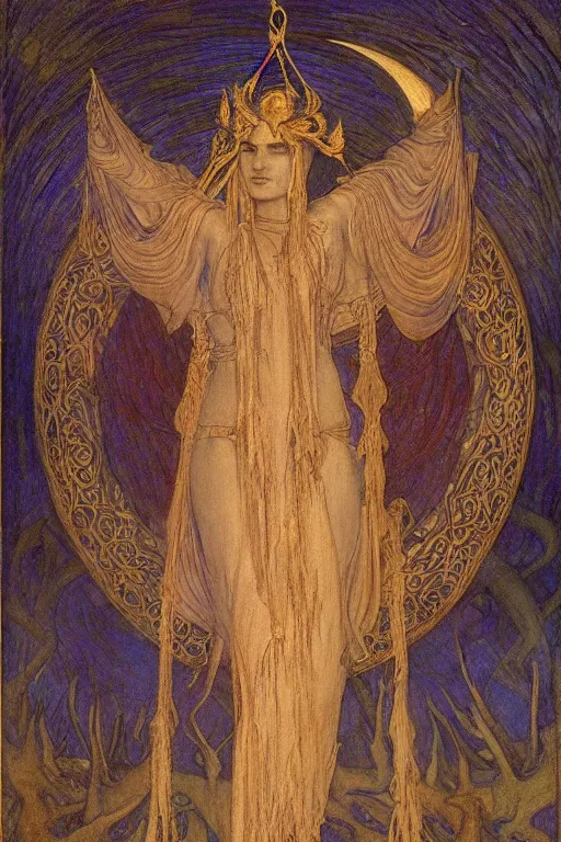 Image similar to goddess of the moonlit dead with her lantern and regalia, by Annie Swynnerton and Nicholas Roerich and jean delville, dramatic cinematic lighting , ornate headdress , flowing robes, lost civilizations, extremely detailed