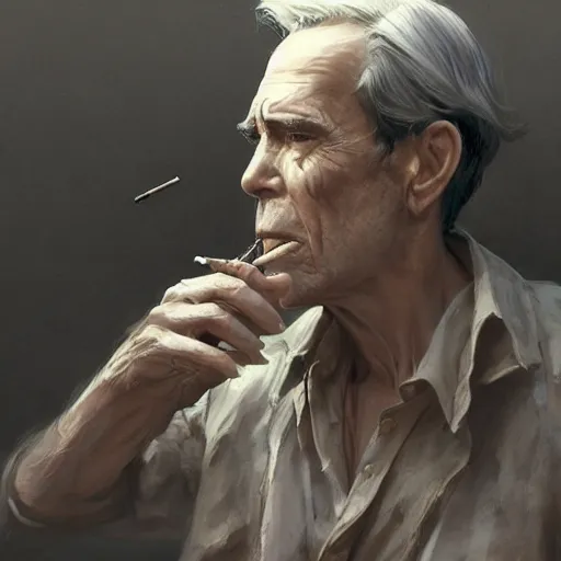 Image similar to a highly detailed epic cinematic concept art CG render digital painting artwork costume design: Henry Fonda as a 1950s tired poet, barefoot, smoking a cigarette. By Greg Rutkowski, Ilya Kuvshinov, WLOP, Stanley Artgerm Lau, Ruan Jia and Fenghua Zhong, trending on ArtStation, subtle muted cinematic colors, made in Maya, Blender and Photoshop, octane render, excellent composition, cinematic atmosphere, dynamic dramatic cinematic lighting, aesthetic, very inspirational, arthouse