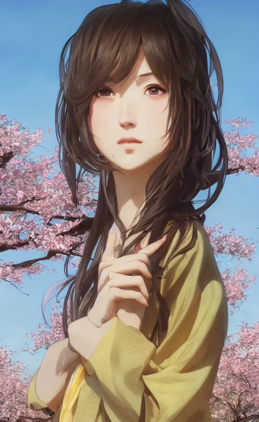 Image similar to front portrait of a girl walking, sakura tree in background, yukata clothing, battlefield in background, anime style, short hair, hair down, symmetrical facial features, from arknights, hyper realistic, 4 k, extreme detail, detailed drawing, trending artstation, realistic lighting, by alphonse mucha, greg rutkowski, sharp focus, backlit