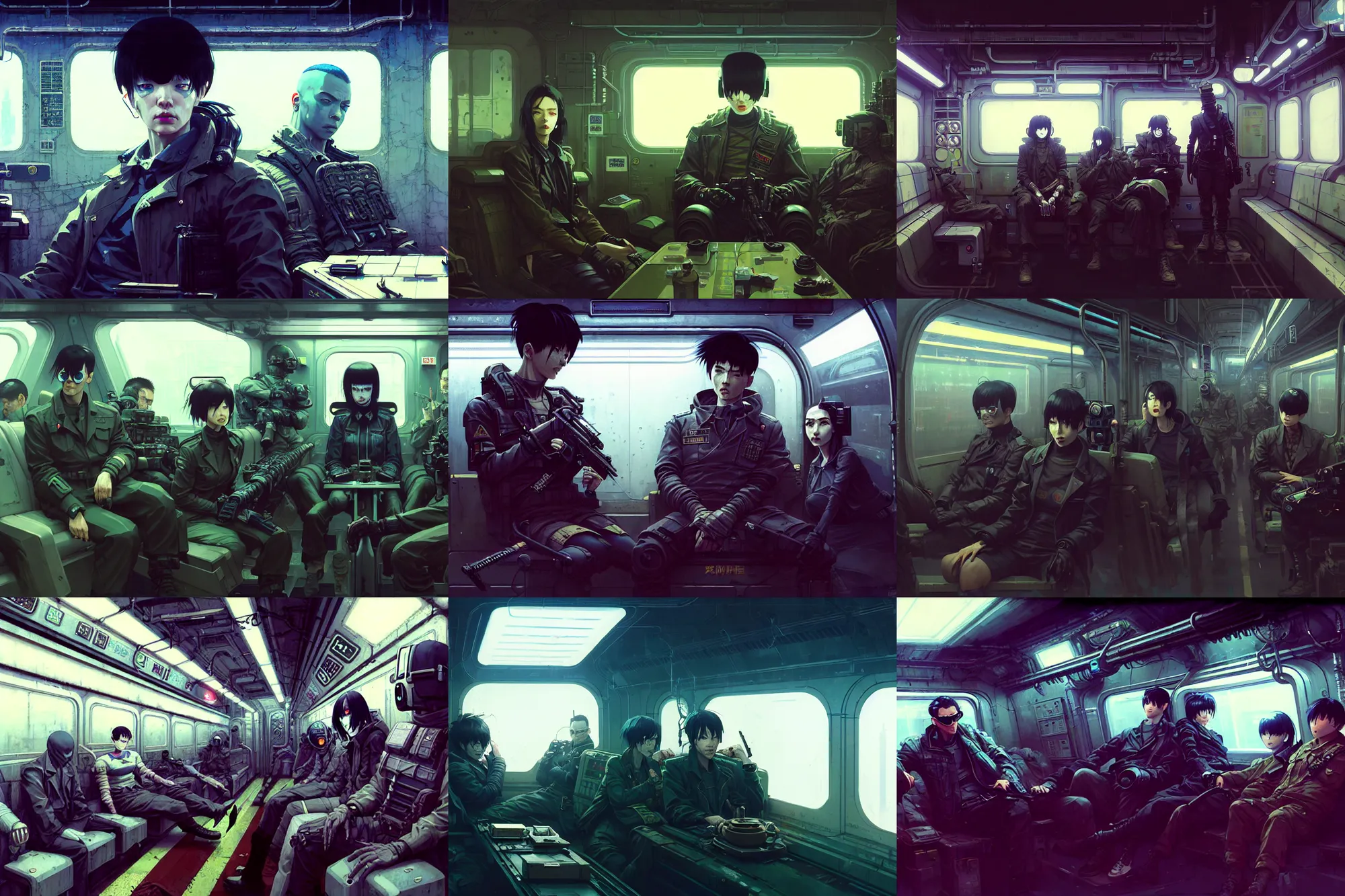 Prompt: hyper - realistic cinematic shot of cyberpunk portrait of military subway car interior, extreme detail, in style of ilya kuvshinov, pan ren wei, yoji shinkawa, atey ghailan, by greg rutkowski, by greg tocchini, by james gilleard, by joe fenton, by kaethe butcher, grunge aesthetic