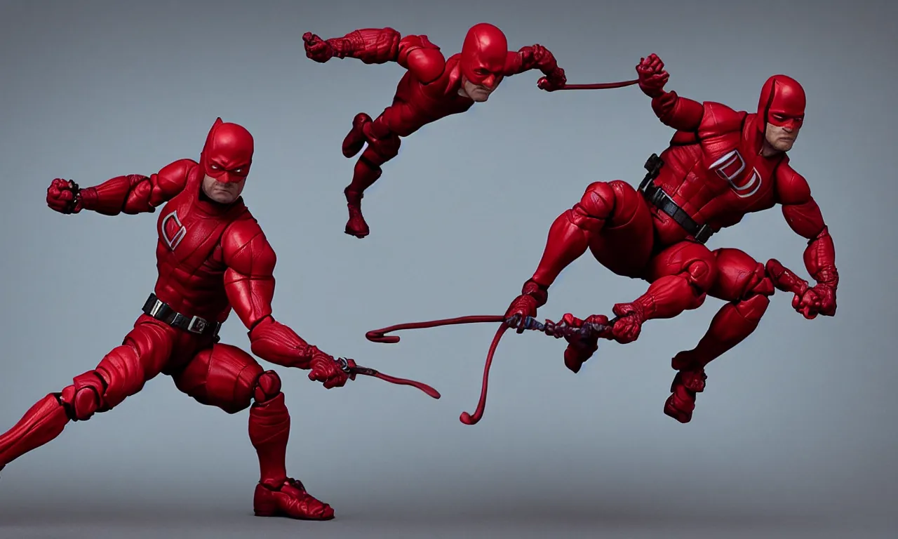 Prompt: an action figure of daredevil in a dynamic pose, full subject in frame, deep color, low key lighting, cinematic lighting, artstation trending, octane render, unreal engine