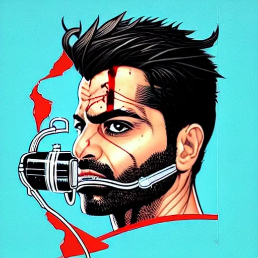 Prompt: a profile photo of a persian man with a diving oxygen mask with side profile blood in ocean intricate details by MARVEL comics and Sandra Chevrier-C