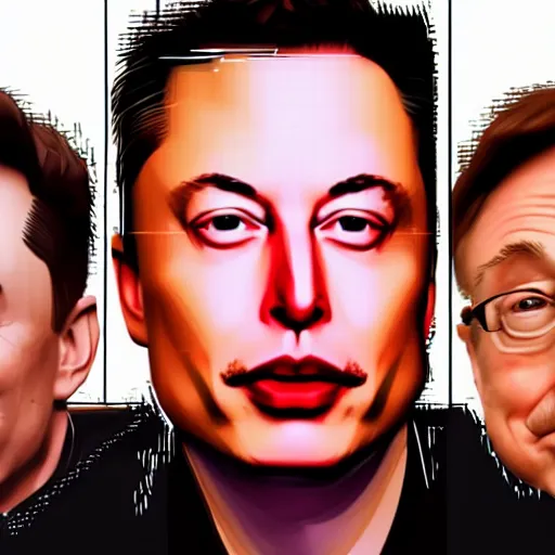 Image similar to UHD photorealistic Elon Musk playing poker with Satoshi Nakamoto, Klaus Schwab, and Bill Gates, trending on Artstation, hyperrealistic, correct details, symmetrical faces, accurate faces,