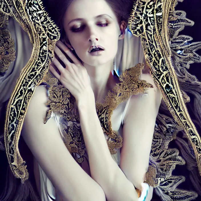 Image similar to photo portrait of a beautiful woman like a dark fallen angel, dressed in long elegant intricate ornamental white dress,intricate fractal ornament in the bust with a very long neck , , elegant, highly detailed intricate baroque ornament in her blond long hair, Realistic, Refined, Highly Detailed, Cinematic Lighting,, photo-realistic, 8K , fine art photography by Flora Borsi, volumetric lighting, pastel colors scheme , hyper realistic photography in style of Vogue Fashion magazine