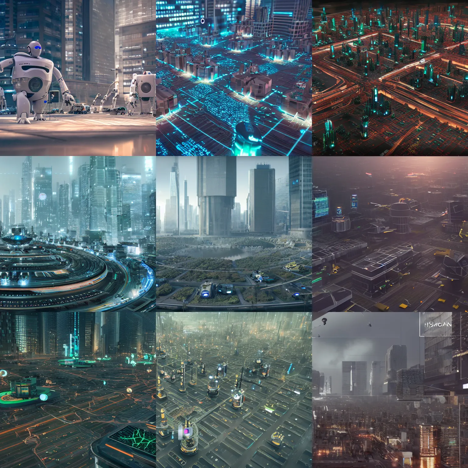 Prompt: A new social network of robots creating new cities under the control of a giant AI overlords. Hyperrealistic. 4k. octane render.