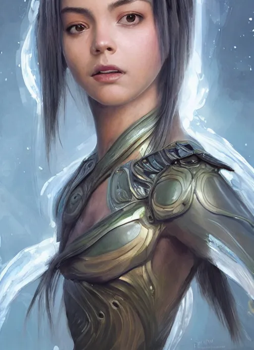 Image similar to a professional painting of a beautiful young female alien, clothed in ethereal armor, olive skin, long dark hair, beautiful bone structure, symmetrical facial features, intricate, elegant, digital painting, concept art, smooth, sharp focus, illustration, from Valerian and the City of a Thousand Planets, by Ruan Jia and Mandy Jurgens and Artgerm and William-Adolphe Bouguerea