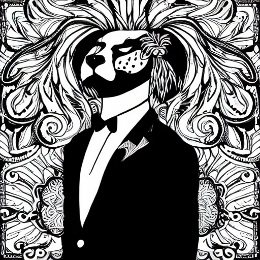 Image similar to black and white tattoo design on white background, semi-profile portrait of a proud and strong lion, side view, in a suit with a Lilly on the lapel, royal, stylized, surrounded by decorative flowers, art deco