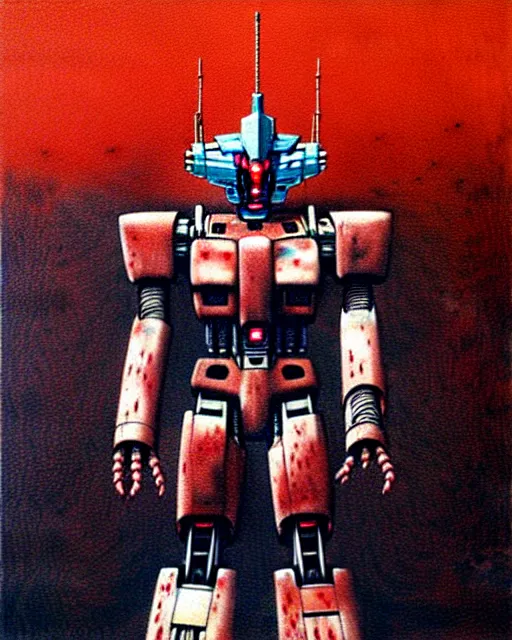 Image similar to bleeding gundam robot made of meat drawn by beksinski, high definition, lovecraftian