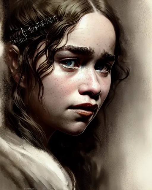 Image similar to emilia clarke teenage, character portrait, portrait, close up, concept art, intricate details, highly detailed by greg rutkowski, michael whelan and gustave dore