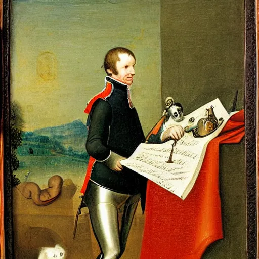 Image similar to a potrait of napoleon, in the style of Hieronymus Bosch.