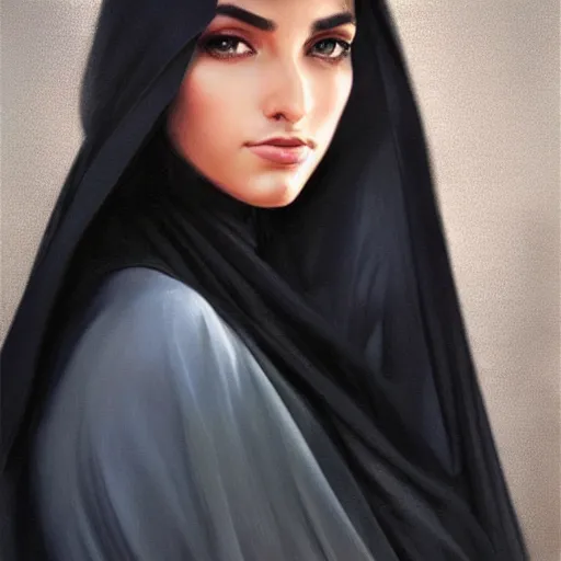 Prompt: faceshot of modern tanned Ameera al-Taweel, blue eyes, wavy black hair, white veil, highly detailed, digital painting, artstation, concept art, smooth, sharp focus, illustration, trending on ArtStation, art by artgerm and greg rutkowski and alphonse mucha and J. C. Leyendecker and Edmund Blair Leighton and Katsuhiro Otomo and Geof Darrow and Phil hale and Ashley wood and Ilya repin and Charlie Bowater