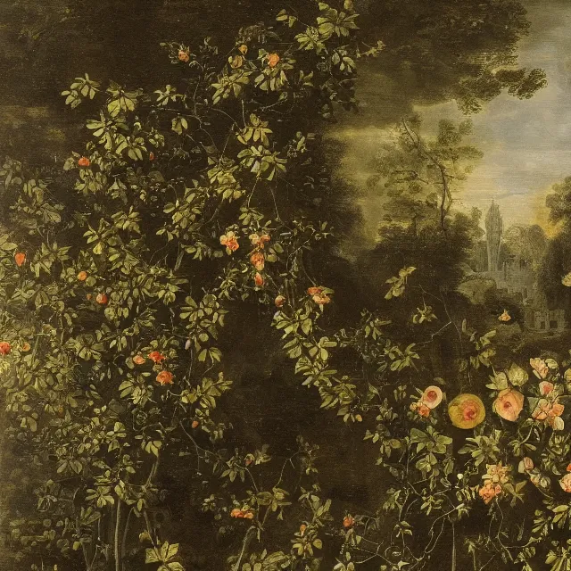 Prompt: a painting of ivy in a garden at night, black background, a flemish baroque by jan van kessel the younger, intricate high detail masterpiece